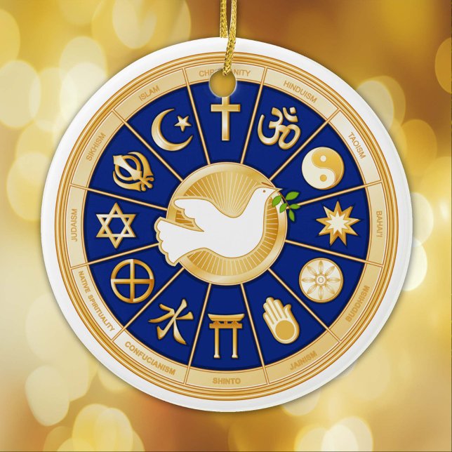 Dove of Peace Ornament (Gold icons of world faiths mandala surround the Dove of Peace, international symbol of harmony. )