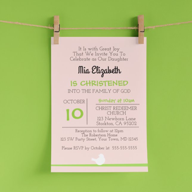 Dove on Branch Pink Christening Invitation (Creator Uploaded)