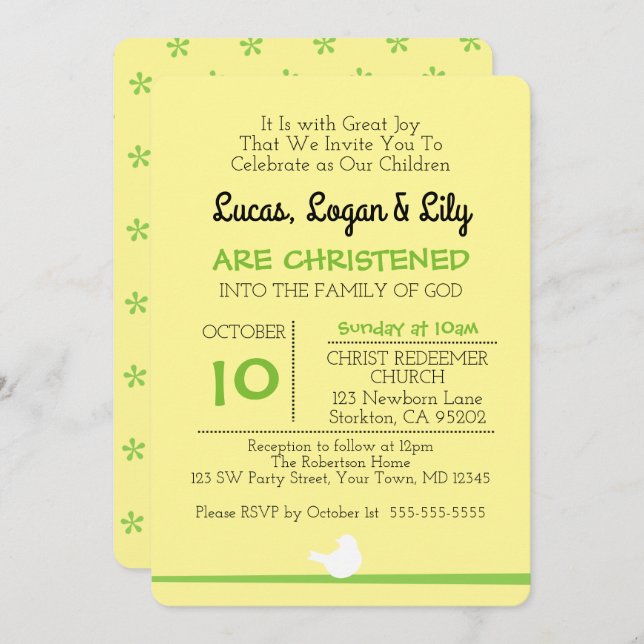 Dove on Branch Yellow Christening Invitation (Front/Back)