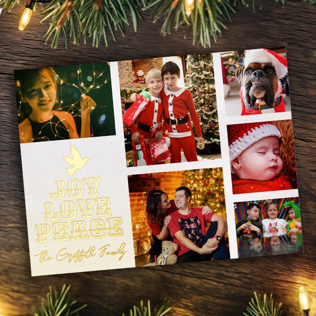 Dove tree joy love peace six photos white gold foil holiday postcard (Creator Uploaded)