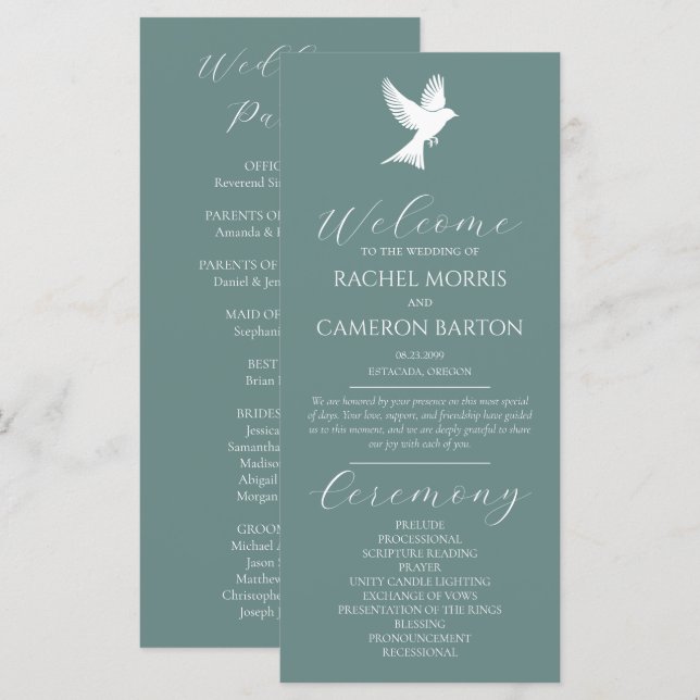 Dove Wedding Program Classic Script Ceremony  (Front/Back)