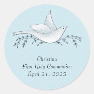 Dove with Branches, Blue, First Communion Classic Round Sticker