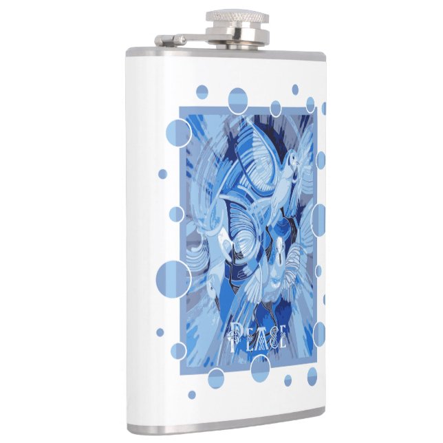 Dove With Celtic Peace Text In Blue Tones Hip Flask (Right)