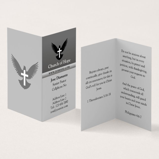 Dove with Cross Grey Vertical Folded Business Card (Inside and Outside)