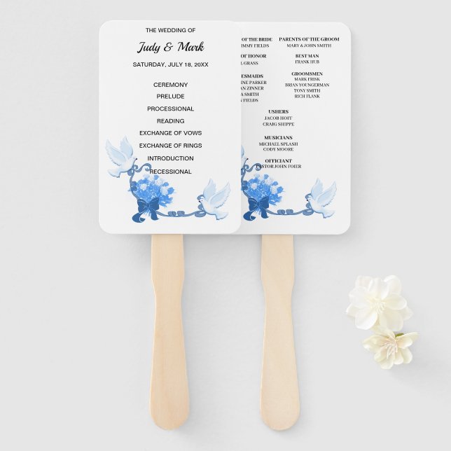 Doves And Blue Flowers Wedding Program Hand Fan (Front and Back)