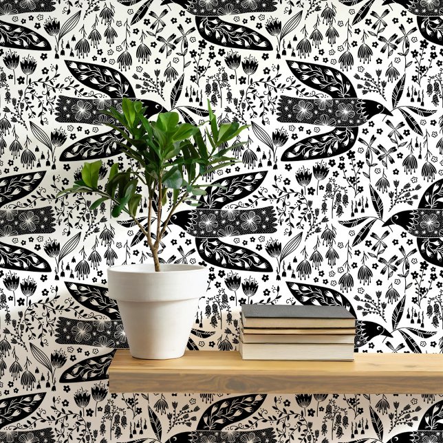 Doves and Flowers Black and White Bird Art Wallpaper (Doves and flowers bird art peel and stick wallpaper)