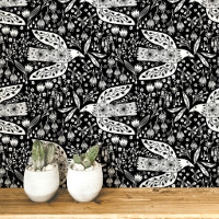 Doves and Flowers White on Black Bird Art