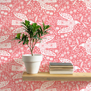 Doves and Flowers White on Coral Bird Art Wallpaper