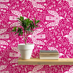 Doves and Flowers White on Pink Bird Art Wallpaper