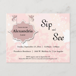 Doves And Pink Floral Sip And See Baby Invite