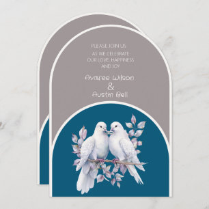 Doves and Rings Light Grey and Ocean Blue Arches  Invitation