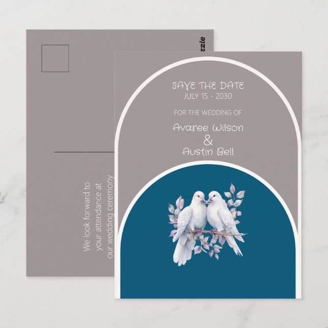 Doves and Rings Light Grey and Ocean Blue Arches  Postcard (Front/Back)