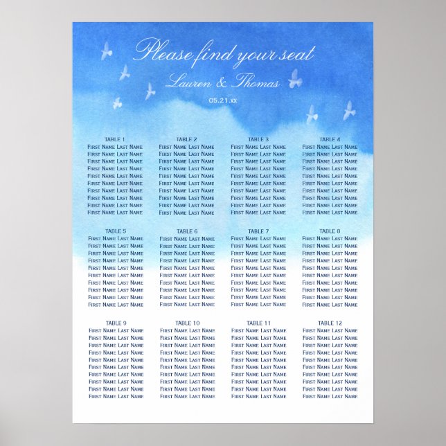 Doves & Blue Watercolour Wedding Seating Chart (Front)
