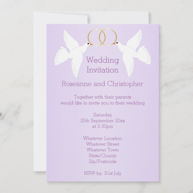 Doves Design Lilac Coloured Wedding Invitation (Front)