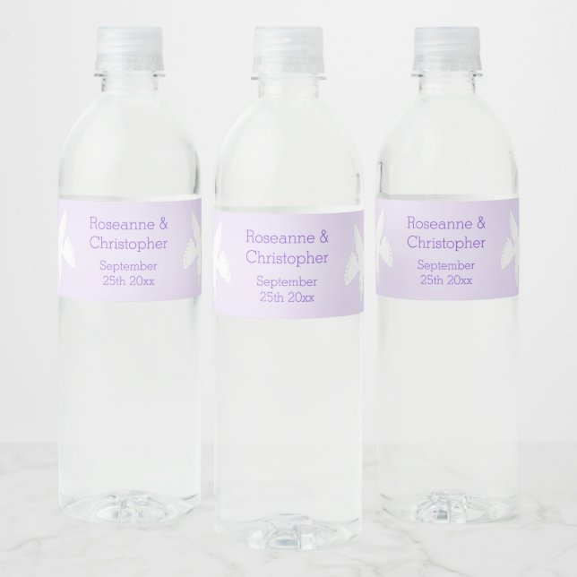 Doves Design Lilac Coloured Wedding Water Bottle Label (Bottles)