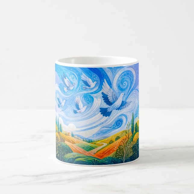 Doves gliding in wind over hillside outskirts coffee mug (Center)