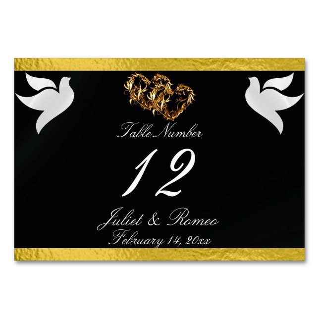 Doves & Heart - Black/Gold Table Number (Front)