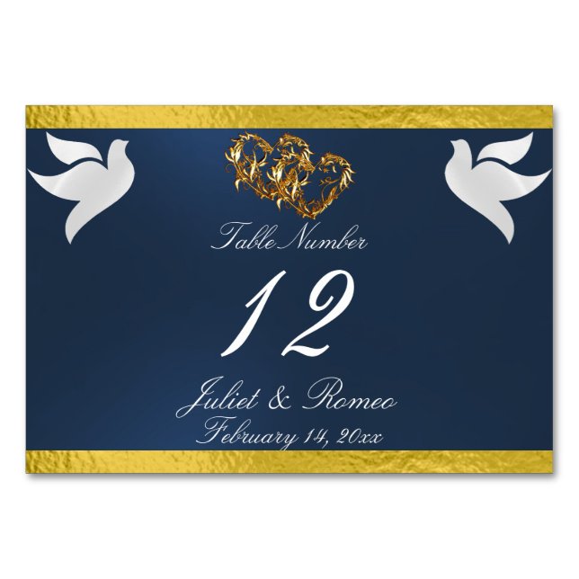 Doves & Heart - Blue/Gold Table Number (Front)