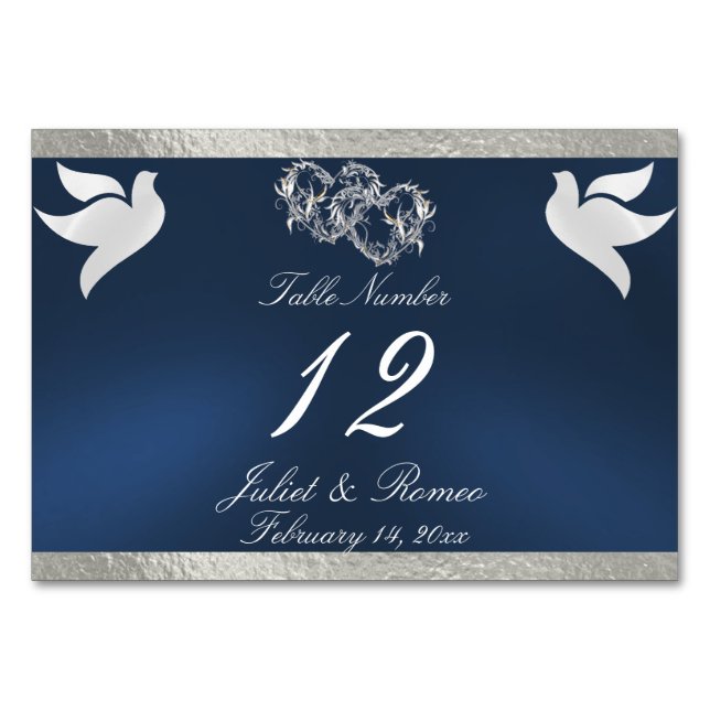 Doves & Heart - Blue/Silver Table Number (Front)