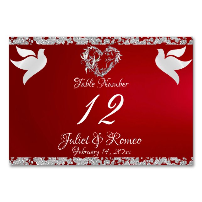 Doves, Heart & Glitter - Crimson Table Number (Front)