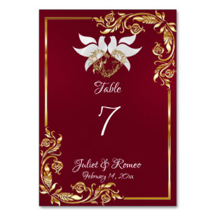 Doves, Heart & Gold Frame on Burgundy Table Number