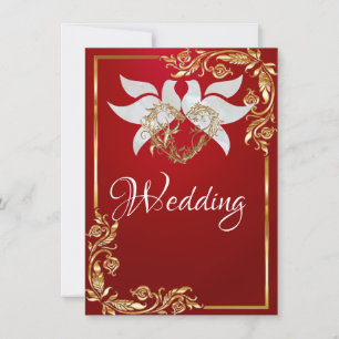 Doves, Heart & Gold Frame on Crimson Red Invitation