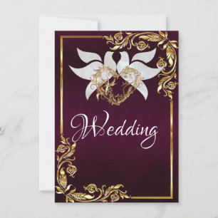 Doves, Heart & Gold Frame on Dark Purple Invitation