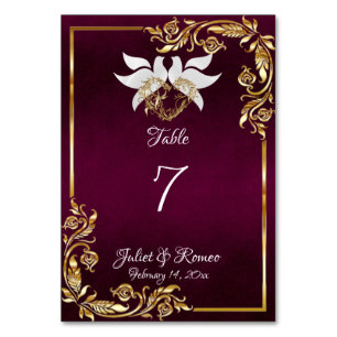 Doves, Heart & Gold Frame on Dark Purple Table Number