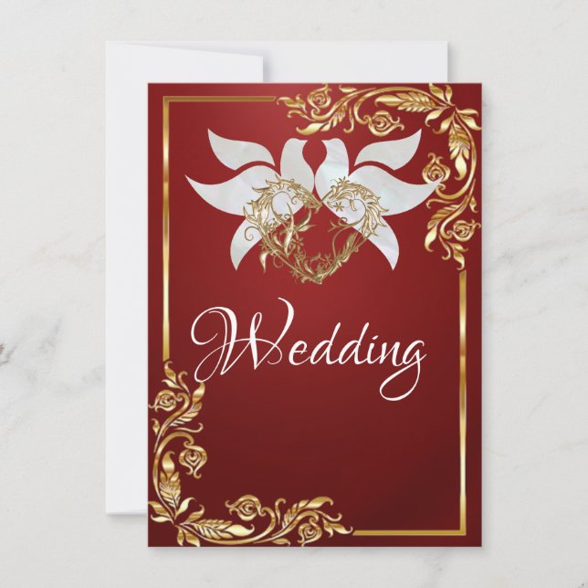 Doves, Heart & Gold Frame on Ruby Red Invitation (Front)