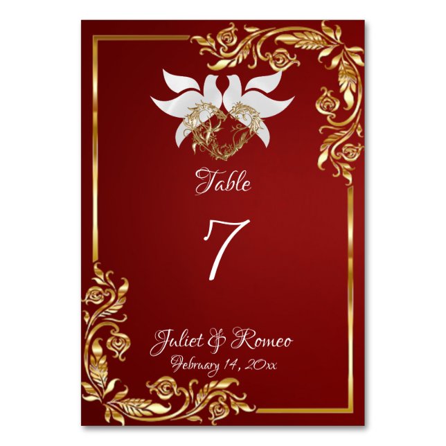 Doves, Heart & Gold Frame on Ruby Red Table Number (Front)
