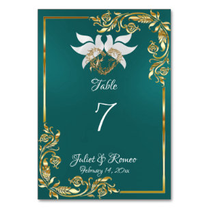 Doves, Heart & Gold Frame on Teal Table Number