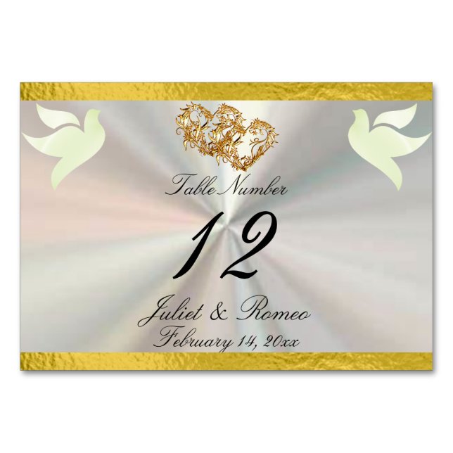 Doves & Heart - White Pearl/Gold Table Number (Front)