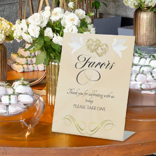 Doves & Hearts Favours - Peach Pearl/Gold Pedestal Sign