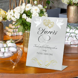 Doves & Hearts Favours - White Pearl/Gold Pedestal Sign