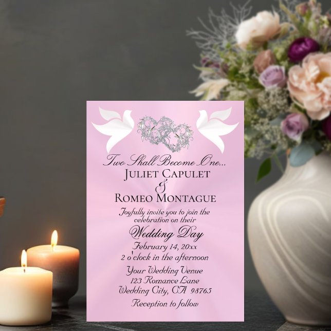 Doves, Hearts, QR Code - Pastel Pink/Silver Invitation (Creator Uploaded)