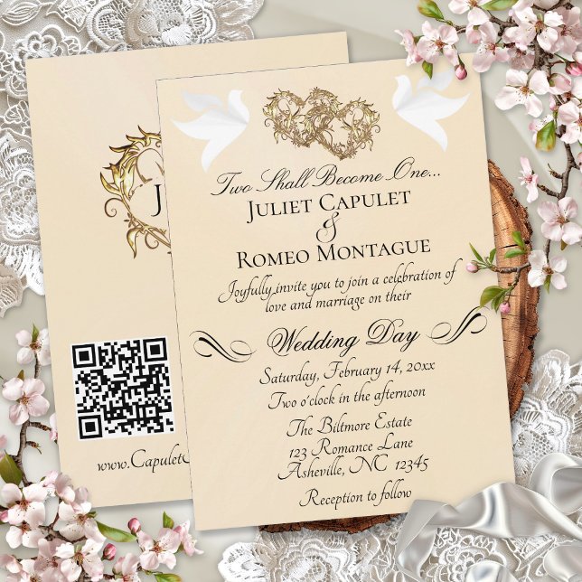 Doves, Hearts, QR Code - Peach Pearl/Gold Invitation (Creator Uploaded)