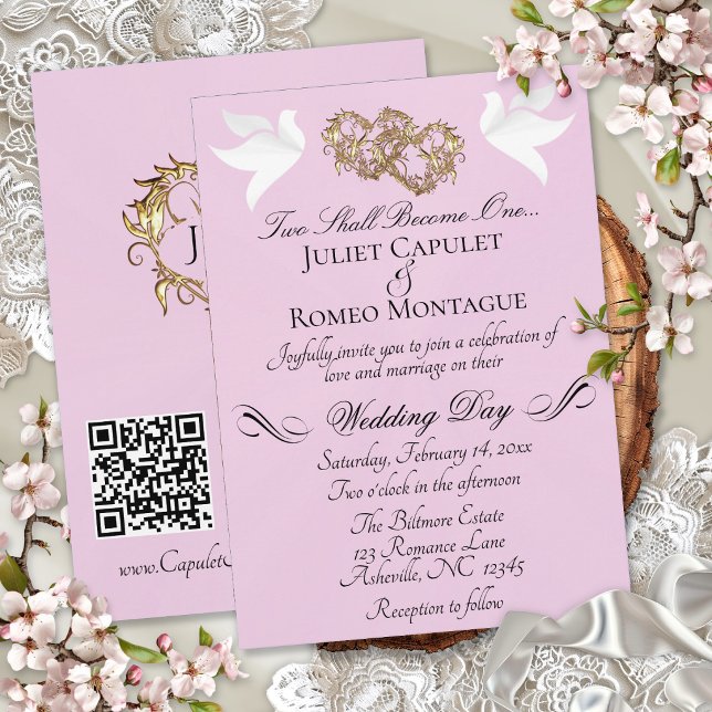 Doves, Hearts, QR Code - Pink Pearl/Gold Invitation (Creator Uploaded)