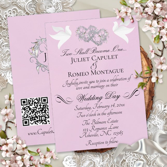 Doves, Hearts, QR Code - Pink Pearl/Silver Invitation (Creator Uploaded)