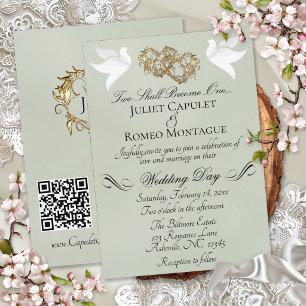 Doves, Hearts, QR Code - Sage Pearl/Gold Invitation