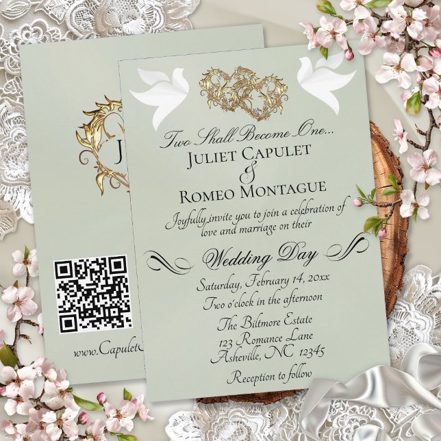 Doves, Hearts, QR Code - Sage Pearl/Gold Invitation (Creator Uploaded)