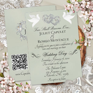 Doves, Hearts, QR Code - Sage Pearl/Silver Invitation