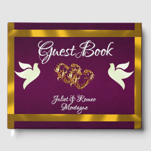 Doves, Hearts & Ribbon - Purple/Gold Guest Book