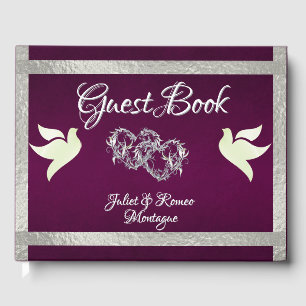 Doves, Hearts & Ribbon - Purple/Silver Guest Book