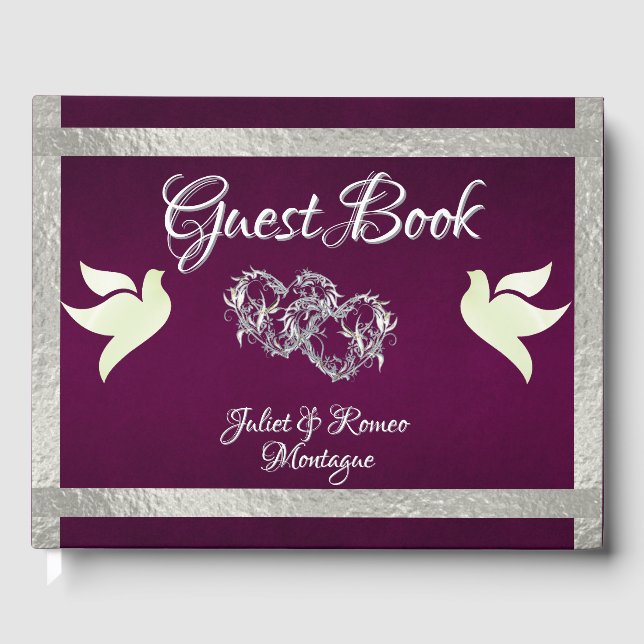 Doves, Hearts & Ribbon - Purple/Silver Guest Book (Front)