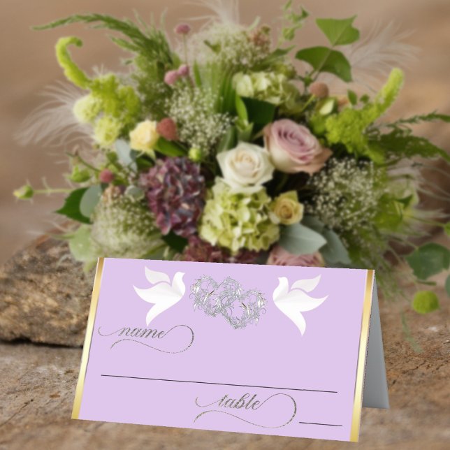 Doves & Hearts - Silver/Lavender Place Card (Creator Uploaded)