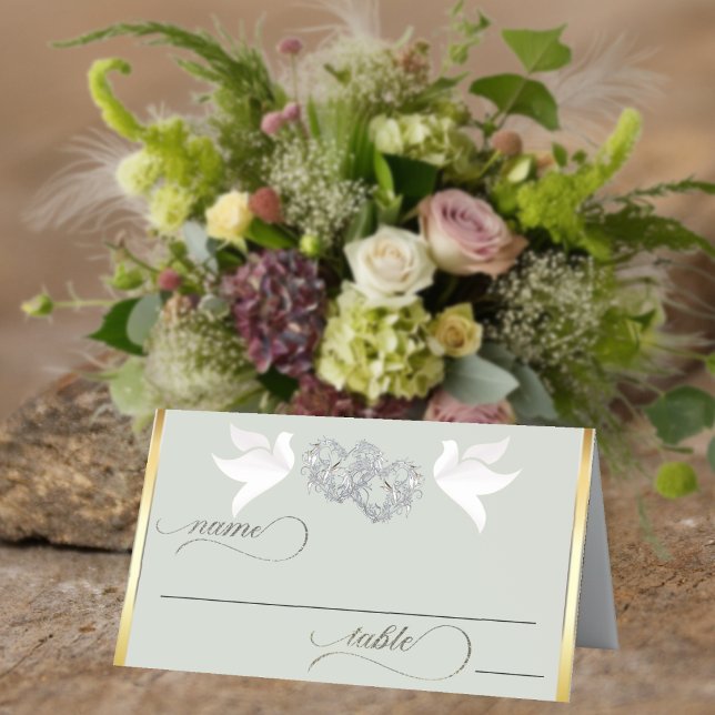 Doves & Hearts - Silver/Sage Place Card (Creator Uploaded)