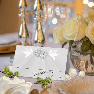 Doves & Hearts - White Pearl/Silver Place Card
