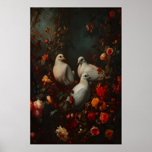 Doves in Garden Dark Academia, Dark Botanical Wall Poster