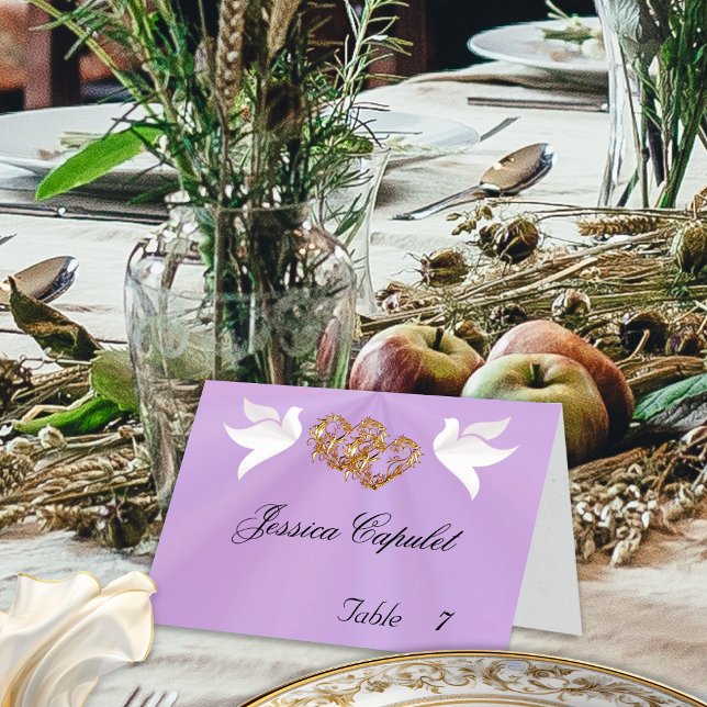 Doves & Linked Hearts Gold/Lavender Place Card (Creator Uploaded)