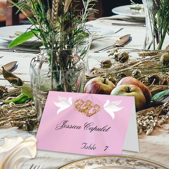 Doves & Linked Hearts Gold/Pink Place Card (Creator Uploaded)